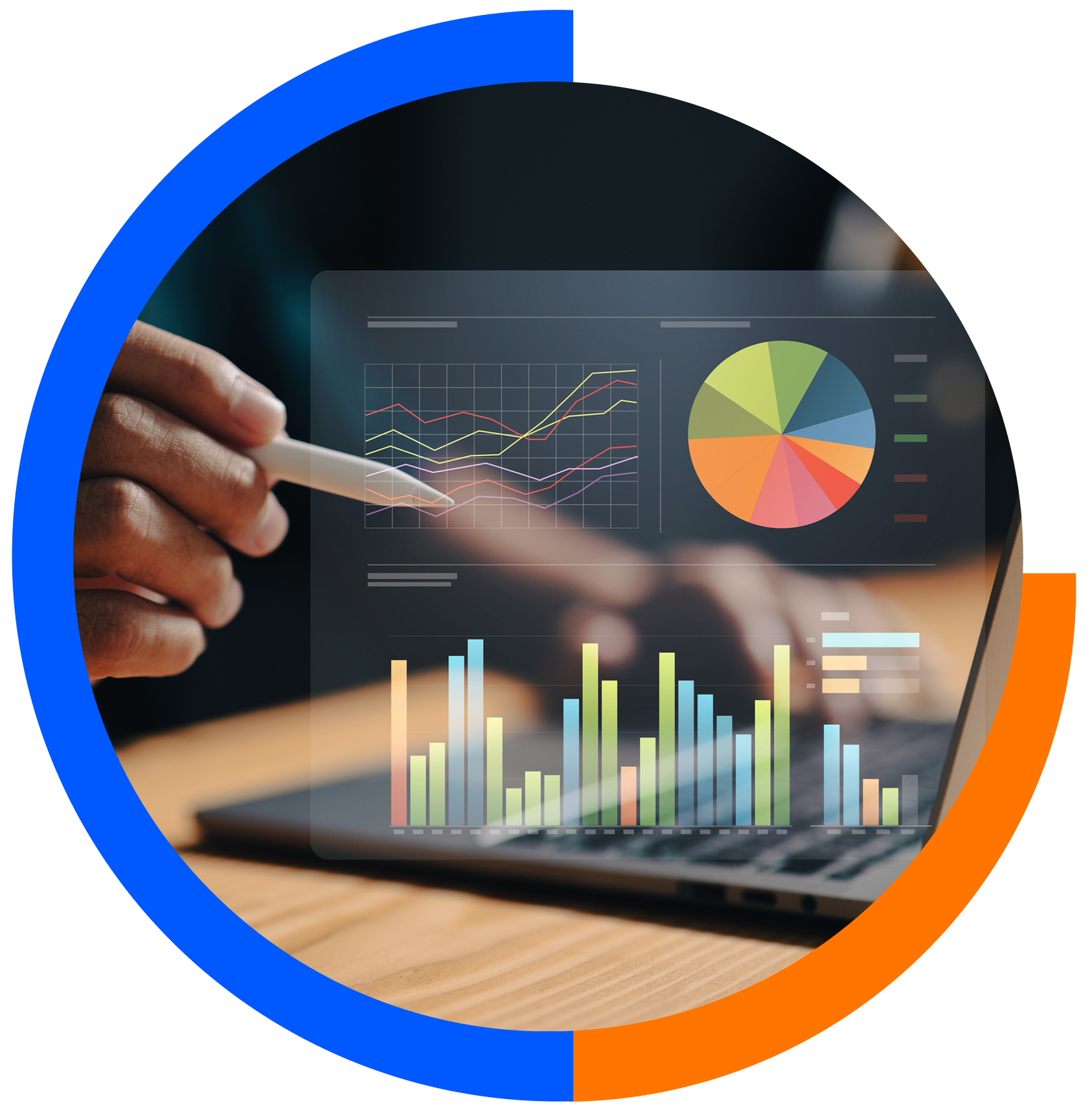 Digital charts and graphs on laptop screen.