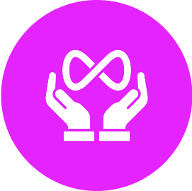Hands holding infinity symbol on purple background.