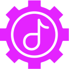 Pink musical note inside gear icon.